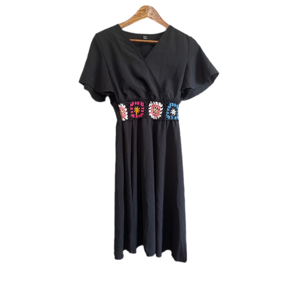 SHEIN Midi Dress Womens‎ Small Black Excellent Crochet Granny Square Boho Wrap